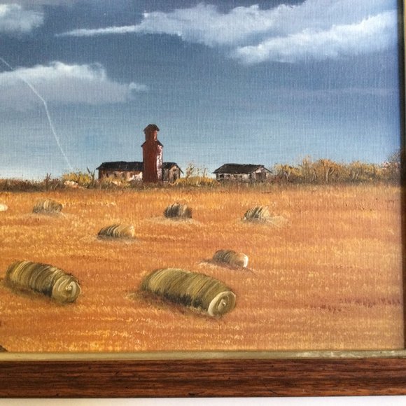 Elevator round Bales Wood frame oil painting farm scene Susan Haywood 2013 small - Picture 5 of 6